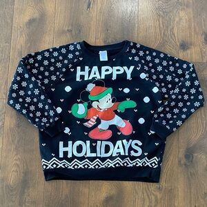 Disney Mickey Mouse Happy Holidays Sweater Youth XL Black Red Green Snowflakes